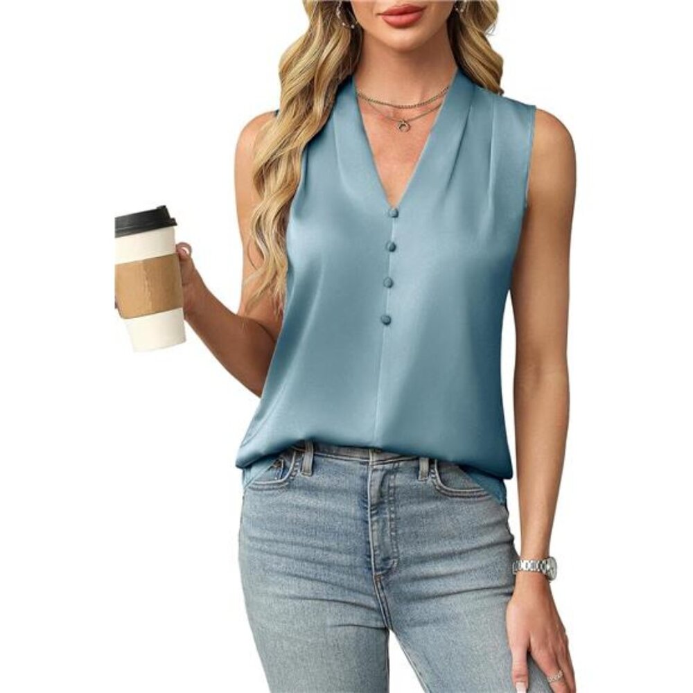 Satin V-Neck Blouse | Sleeveless Button Front Top | Dressy Casual Tank